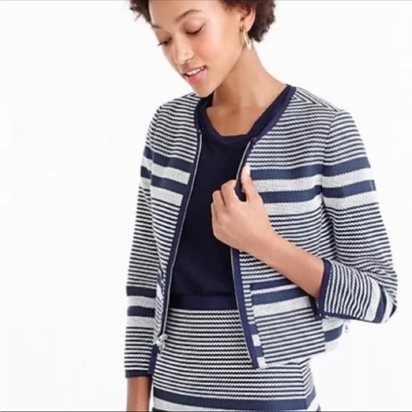 J. Crew Women's Long Sleeve Striped Full Zip up Tweed Jacket Blue/White Size 10 - Picture 1 of 7
